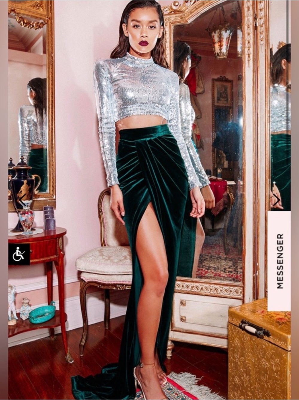 House of CB Therina Velvet Maxi Skirt Women's XS Emerald Thigh Split NWT